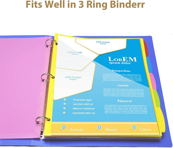 Plastic 5-Tab Dividers with Clear Front Pockets -1 Set, Pocket Dividers for 3-Ring Binders, Multi-Color Binder Dividers