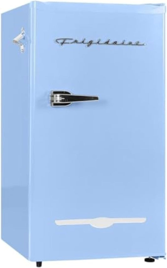 Frigidaire Retro Compact Fridge with Chiller, 3.2 cu ft Countertop Fridge with Built-In Bottle Opener, Compact Refrigerator for Office, Bedroom, Dorm Room or Cabin - 16.5" D x 19" W x 31" H (Blue)