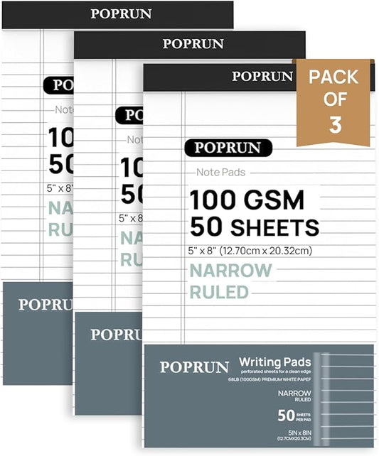 POPRUN Small White Legal Pads 5 x 8 Narrow Ruled, 100GSM Writing Paper Pad, Bulk Lined Notepad Notebooks for Work School, Classroom Office Supplies, 3 Pack