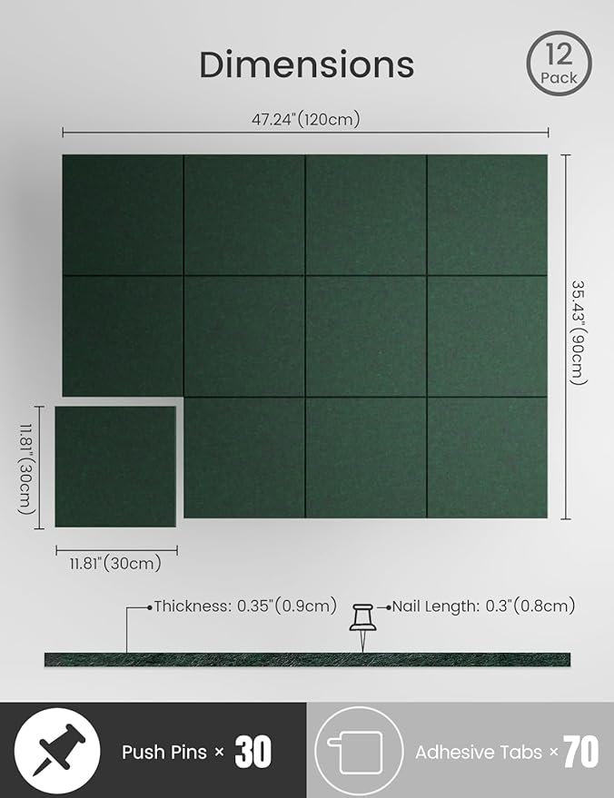 Bumusty Large Cork Board 47"x35" Alternative - 12 Pack Felt Wall Tiles with 70 Safe Removable Adhesive Tabs, 30 Pushpins, Cork Boards for Walls Pin Board Bulletin Board Office Decor (Aurora Green)