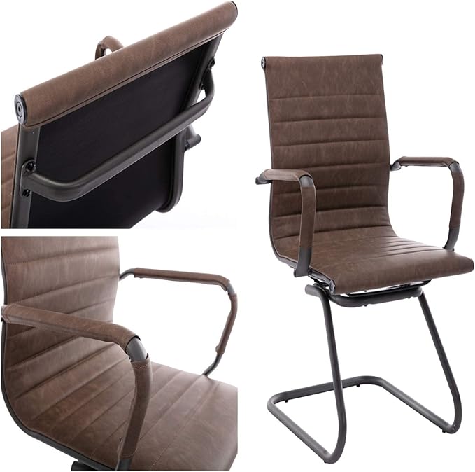 Office Desk Chair No Wheels Set of 4 PU Leather Computer Chairs Mid Back Guest Chairs for School Reception Conference Waiting Room, Vintage Brown