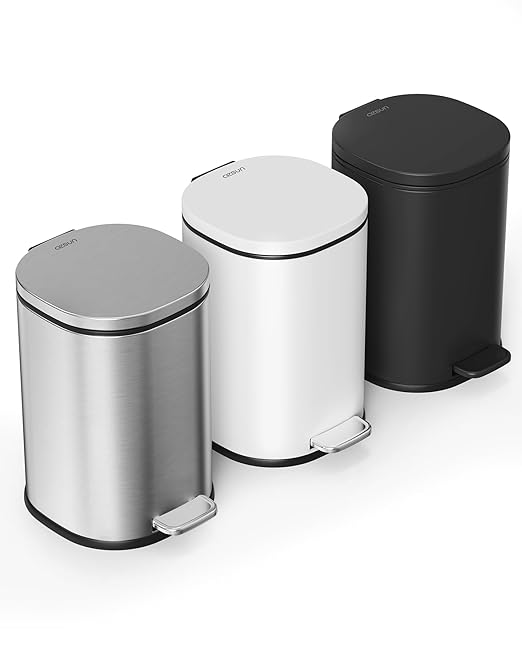 Cesun Bathroom Trash Can with Lid, 1.3 Gallon Small Garbage Can with Foot Pedal, Metal Round Wastebasket for Bathroom, Bedroom, Office, Silver