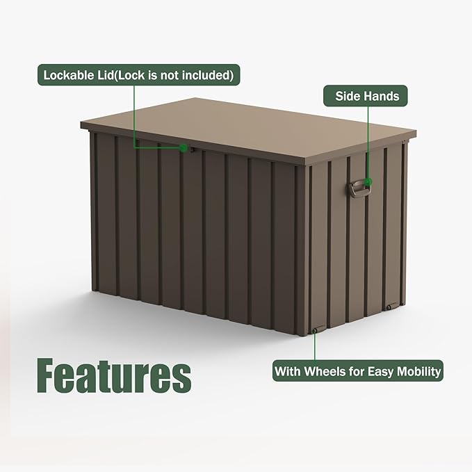 Domi Deck Box 150 Gallon, Waterproof Lockable Steel Outdoor Storage Container for Outside Cushions, Garden Tools and Pools Equipment, Brown