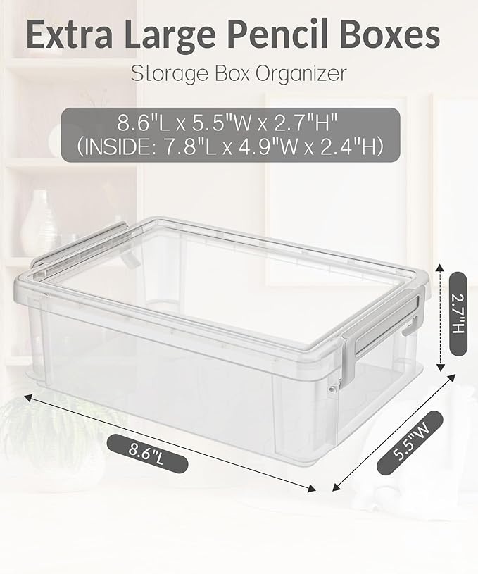 Sooez 6 Pack Extra Large Pencil Box, Plastic Pencil Case Crayon Box Bulk, Clear Marker Organizer Plastic Containers with Lid, Stackable Storage Boxes for Craft, Pen, Art, Back to School Supplies, Pink