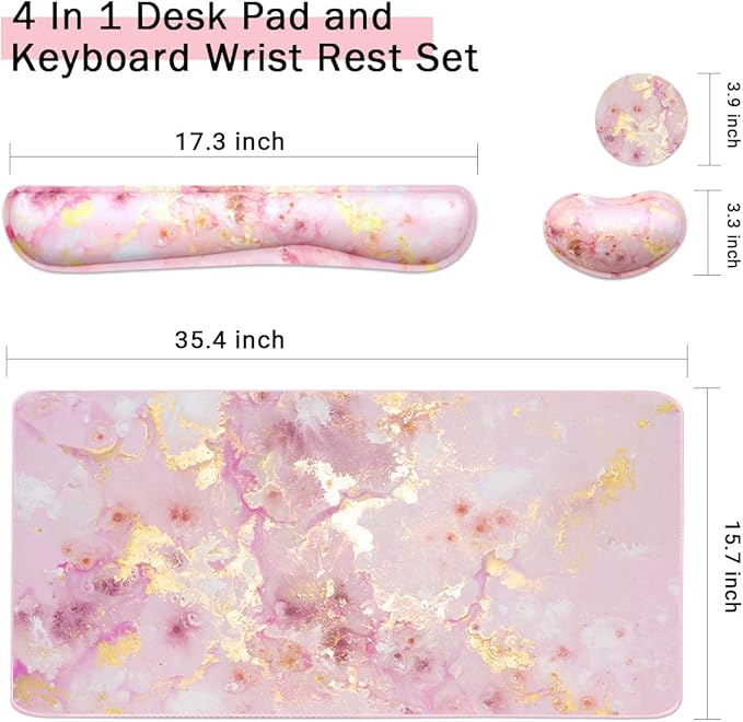 Large Mouse Pad and Keyboard Wrist Rest, Desk Pad for Keyboard and Mouse, 4-in-1 Large Gaming Mouse Pad with Wrist Support, Non-Slip Desk Mat for Home Office Study Game-Pink Gold Marble