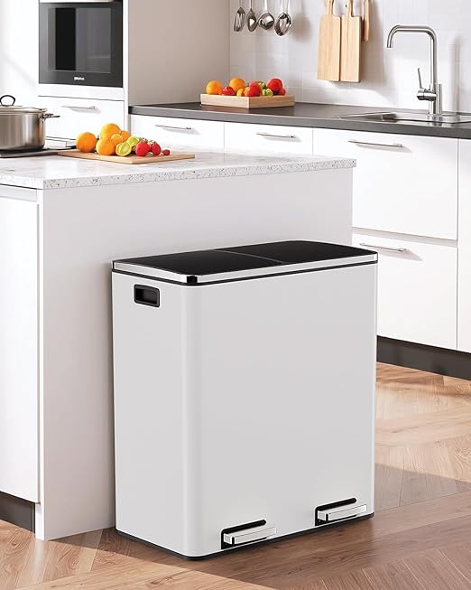 AthLike 60L(16 Gal) Dual Trash Can, Stainless Steel Kitchen Garbage Can, Double Compartment Classified Rubbish Bin, Recycle Dustbin w/Plastic Inner Buckets, Soft-Close Lid, Airtight, White