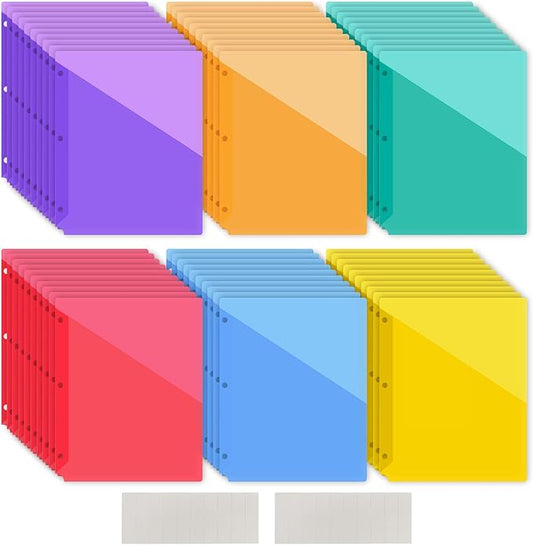 60 Pack Binder Pockets 3 Hole Punch Clear Document Folders 11.18 x 9.17 Inch Binder Organizer with Pockets Slash File Jacket Plastic Document Divider for Office Supplies (Multicolor)