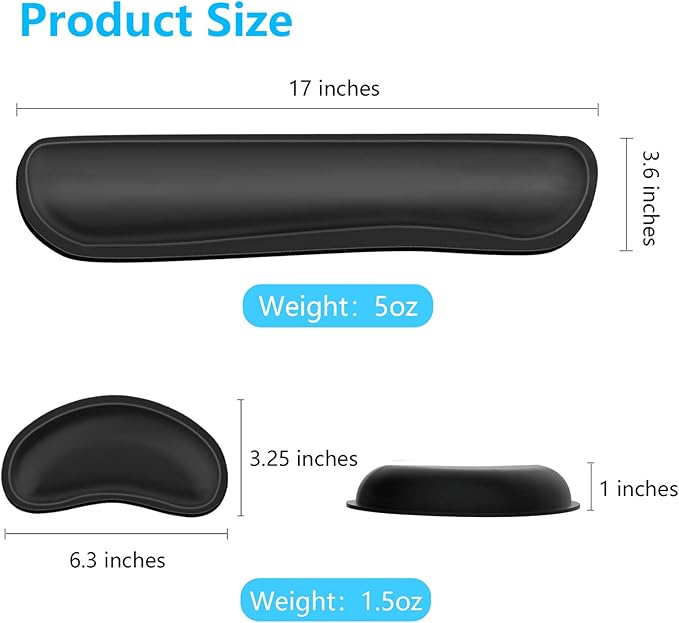 Dapesuom Keyboard Wrist Rest Set, Cute PU Leather Wrist Cushion for Computer Keyboard and Mousepad, Memory Foam Mouse Pad Rests Support with Non-Slip Base for Typing Pain Relief, Laptop, Black