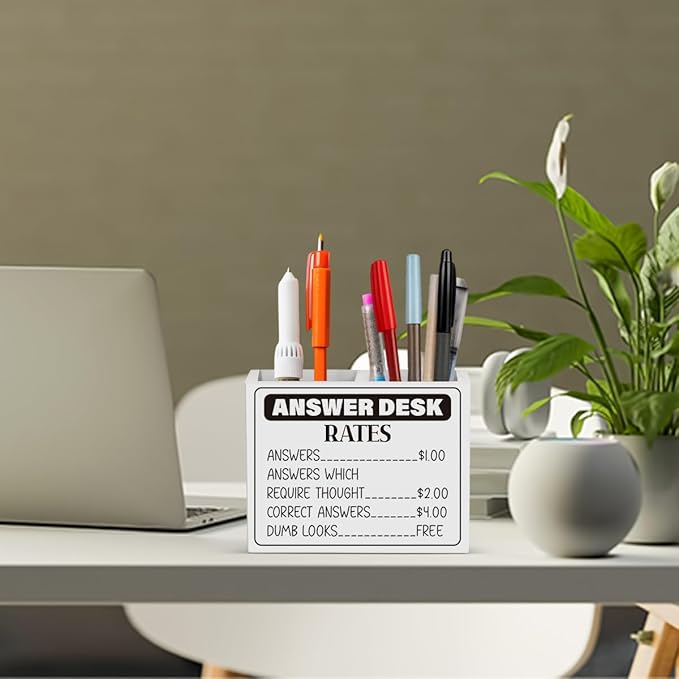 Answer Desk Rates Sign,Hold on Partner Im Overstimulated Sign,Funny Boss Gifts Office Room Decor for Women Men Teams Coworker Friend Wooden Pencil Holder, Boss Day Gifts Desk Decor