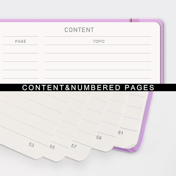 RETTACY Lined Journal Notebook, 140 Numbered Pages, A5 Medium Size (5.7'' x 8.3''), for Men & Women, Journaling, Writing, Work & Office, Spiral-bound, Hardcover, 100 GSM Thick Paper (Lilac)