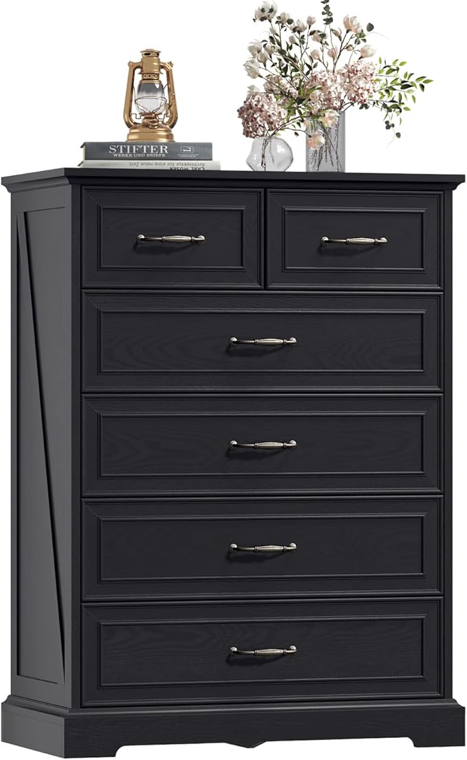 6 Drawer Dresser for Bedroom, 43" Tall Wooden Chest of Drawers, Rustic Farmhouse Dresser with Large Drawers & Metal Handles, Modern Storage Organizer for Closet, Living Room, Hallway, Black