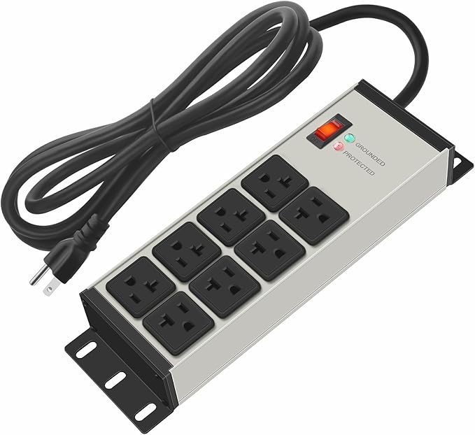 CCCEI Grey Heavy Duty Power Strip Surge Protector 20 AMP, 8 Outlets 12 Gauge Industrial Shop Garage Metal Multiple Outlets, 20 FT Extension Cord 5-15P Adapter High Amp 6-20R T-Slot 20a for Appliance