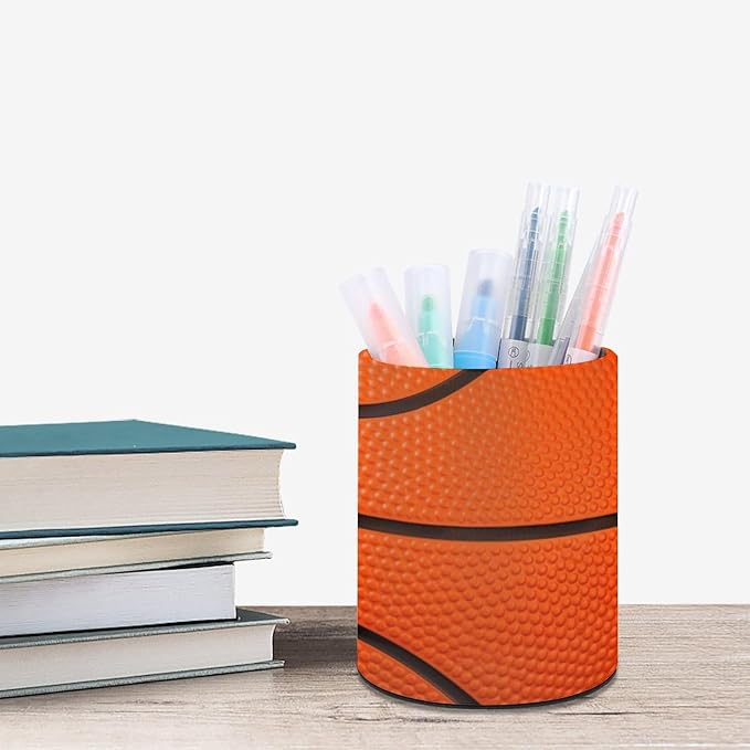 Basketball Print Texture Pen Holder Pencil Organizer Cute Pencil Cup Desk Decor Makeup Brush Holder PU Multifunctional Office Suppliesfor Home Classroom School