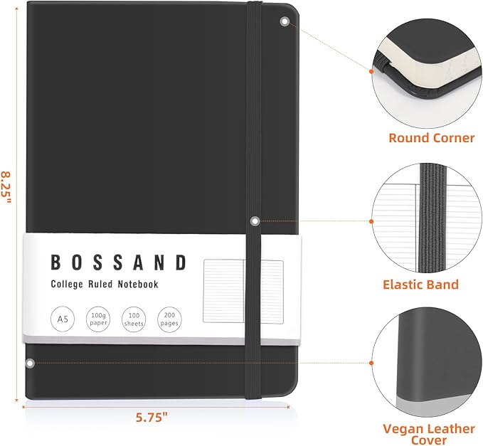 BOSSAND Lined Journal Notebook, A5 Journals for Writing, 200 Pages 100 GSM Thick Classic Ruled Paper, Hardcover, 8.25 inches x 5.75 inches, Black