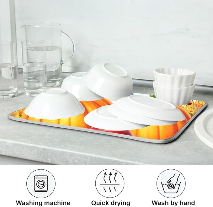 Autumn Thanksgiving Day Pumpkins Maple Dish Drying Mat for Kitchen Counter 16 x 18 Inch Flowers Dragonfly Leaves Dry Dishes Pads Mats Absorbent Countertops Counter Tableware Mat Protector Home Decor