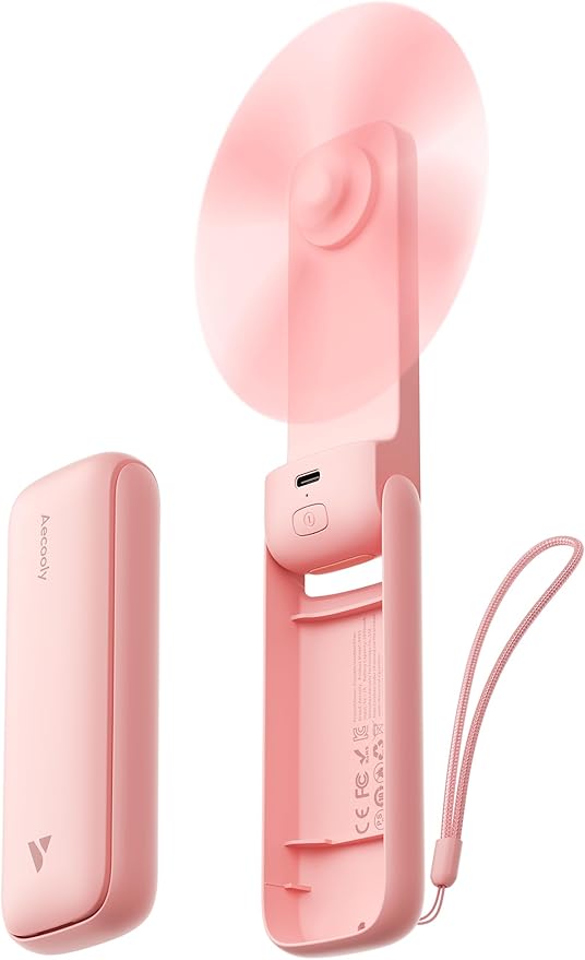 Aecooly Slim Handheld Fan, Mini Thin Portable Fan, Small Rechargeable Pocket [24H Max Cooling Time], Battery Powered Foldable Personal for Travel, Summer, Gifts for Women, Girls -Pink
