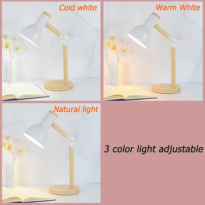LED White Desk Lamps for Home Office, 3-Color Dimmable White Table Lamp for Bedroom, Wood Desk Lights for Dorm Roomb, Desktop Lighting, Tabletop