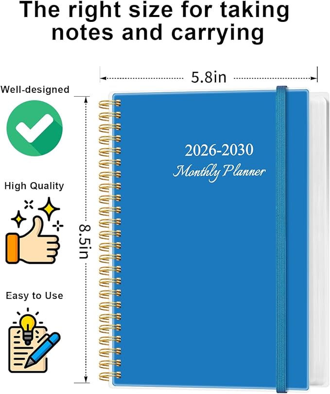 2026-2030 Monthly Planner - 60 Month PLanner Calendar from January 2026 to December 2030, 5 Year Planner 2026-2030 with Flexible Cover, Inner Pocket, Perfect for Home | School | Office, 5.8" x 8.5", Blue