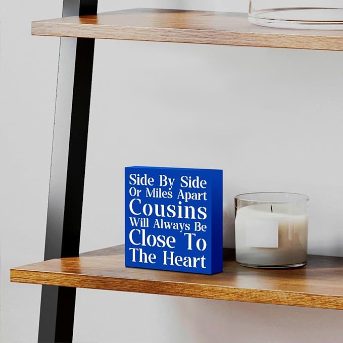 Cousin Wooden Box Sign Decorative Cousins Gifts Home Office Desk Decor for Tabletop Bookshelf Farmhouse Bedroom Living Room Library Dining Room Rustic Square Tiered Tray Wall Decor birthday Blue