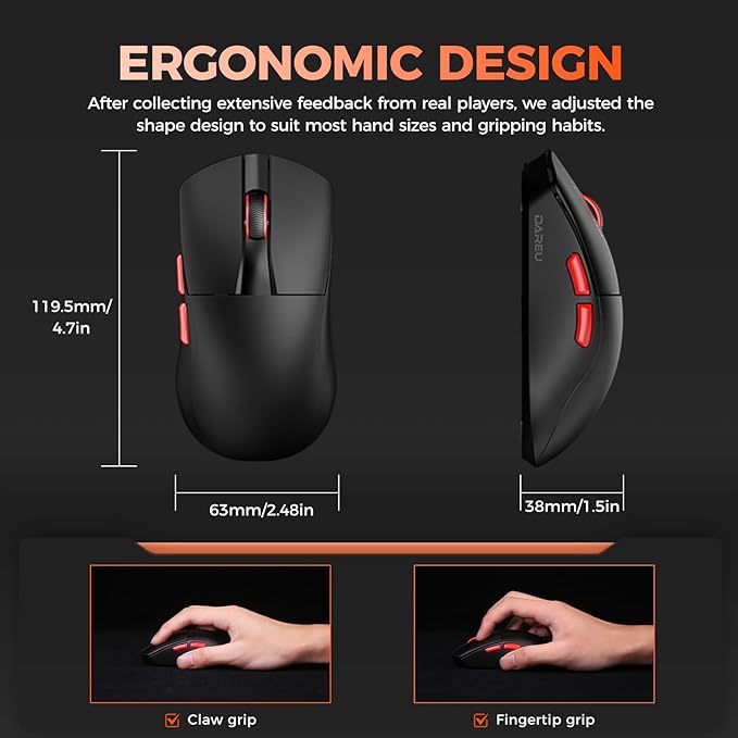 DAREU A950 Wing 8K Lightweight Wireless Gaming Mouse 1.23oz (35g), Custom PAW3950 30K Optical Sensor, Wired/Wireless Dual 8k Polling Rate, Symmetrical, 5 Programmable Buttons,70H Battery