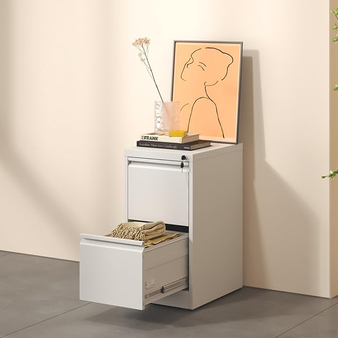 2 Drawer File Cabinet with Lock, Metal Vertical Filing Cabinet for Home Office, Narrow Locking Steel File Cabinets with Drawers, Storage for Legal/Letter/A4/F4, Easy Assemble (White)