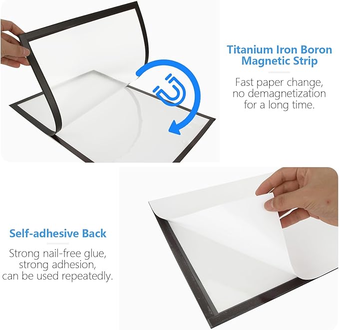 12PCS Magnetic Signs Holder 8.5 x 11, Self Adhesive Wall Mount Magnetic Picture Frames, Business Sign Holder Paper Holder with Strong Magnetic Border, Magnetic Frame for Wall Window Office