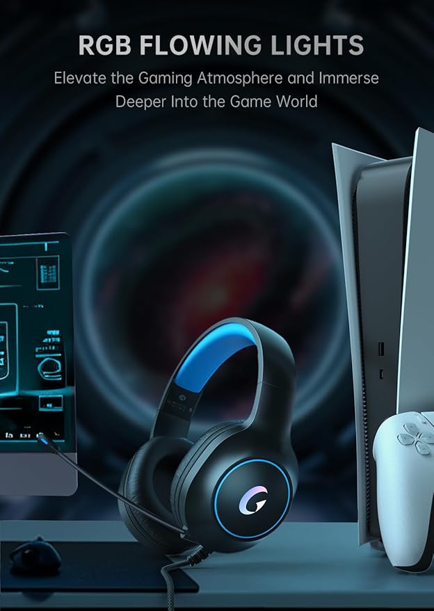 CM7002 Gaming Headset for PS5, PS4, PC, Mac, Switch, Xbox Series, Surround Sound RGB Gaming Headphones with Noise Canceling Microphone, 50MM Dynamic Drivers, 3.5MM Audio Jack, Blue