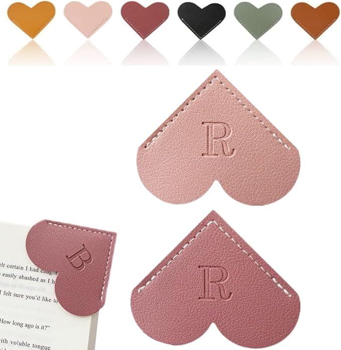 Personalized Leather Heart Bookmark, 26 Letters Customized Corner Book Mark for Reading Women, Book Marker with Initials，Cute Gifts (Light Pink+Deep Pink, R)