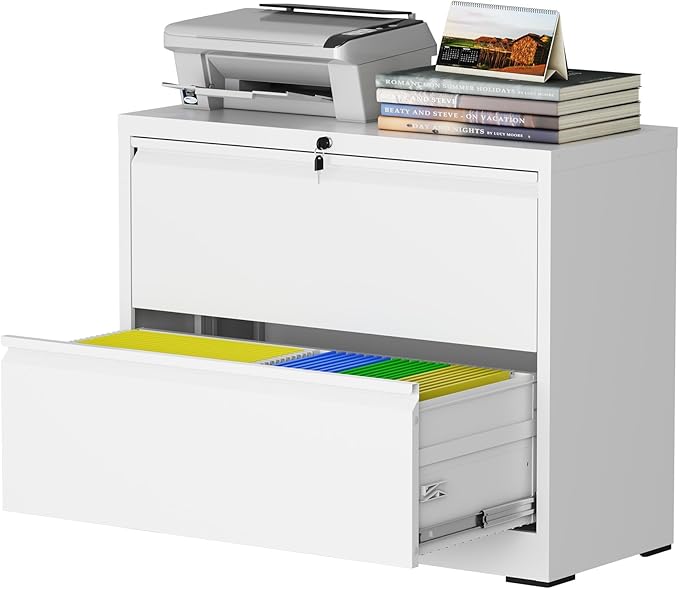 2 Drawer Lateral File Cabinet with Lock, Metal File Cabinets for Home Office, Steel Heavy-Duty Filing Storage Cabinet for Letters/Legal/A4 (Require Assembly, White)