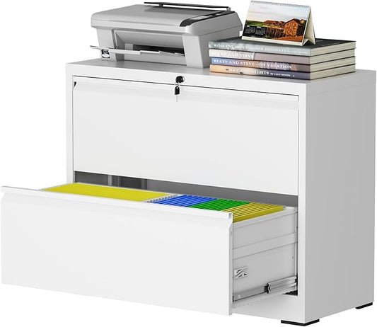 2 Drawer Lateral File Cabinet with Lock, Metal File Cabinets for Home Office, Steel Heavy-Duty Filing Storage Cabinet for Letters/Legal/A4 (Require Assembly, White)