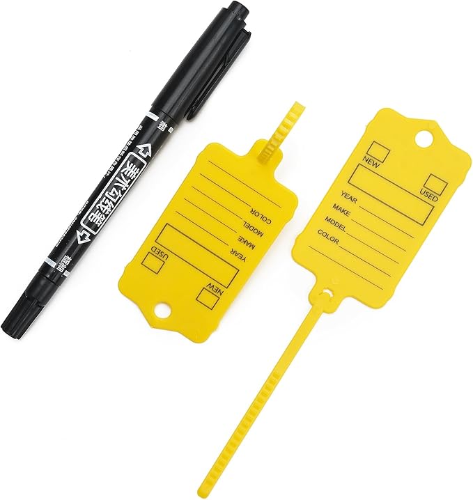 100 Car Key Tags with Labels Plastic Car Dealership Key Tags Self Locking Automotive Identifiers Blank Shop Labels with One Pen (Yellow)