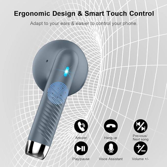 Wireless Earbuds, Bluetooth 5.4 Headphones in Ear with Noise Cancelling Mic, Bluetooth Earbuds Stereo Bass, IP7 Waterproof Sports Earphones, 32H Playtime USB C Charging Ear Buds Gray for Android iOS