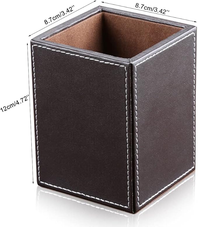 KINGFOM PU Leather Square Pens Pencils Holder Cup Desktop Stationery Organizer Case Office Accessories Container Box Brown