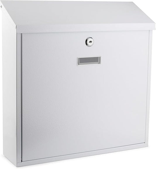 Metal Mailbox Steel office comment Suggestion ballot Box Secure Box With top special Wide Slot for envelopes Wall Mount with pre drilled holes Drop Box for Home and Office 14.3H x 14.6W x 3.75D(White)