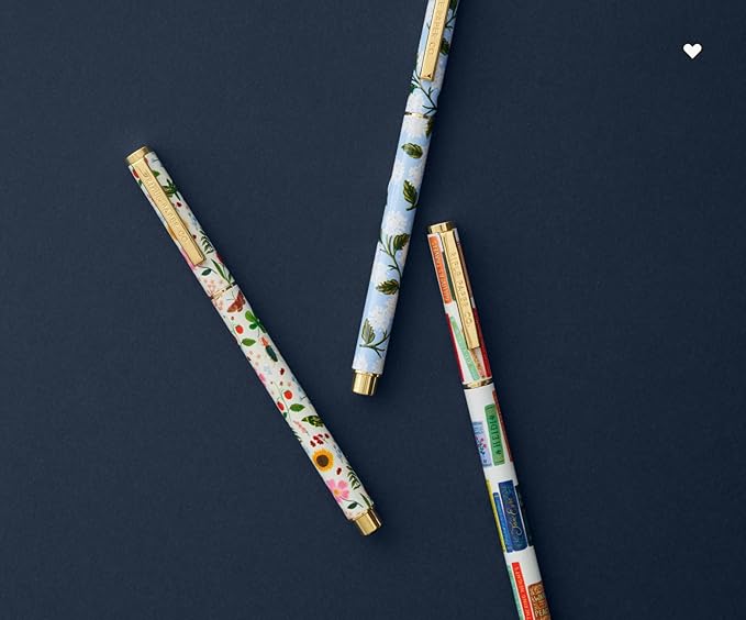 RIFLE PAPER CO. Hydrangea Writing Pen, 5.375" L, 0.5 mm Rollerball Tip, Stainless Steel Body with Brass Accents, Office and School Supplies for Stationery, Notes, and Art