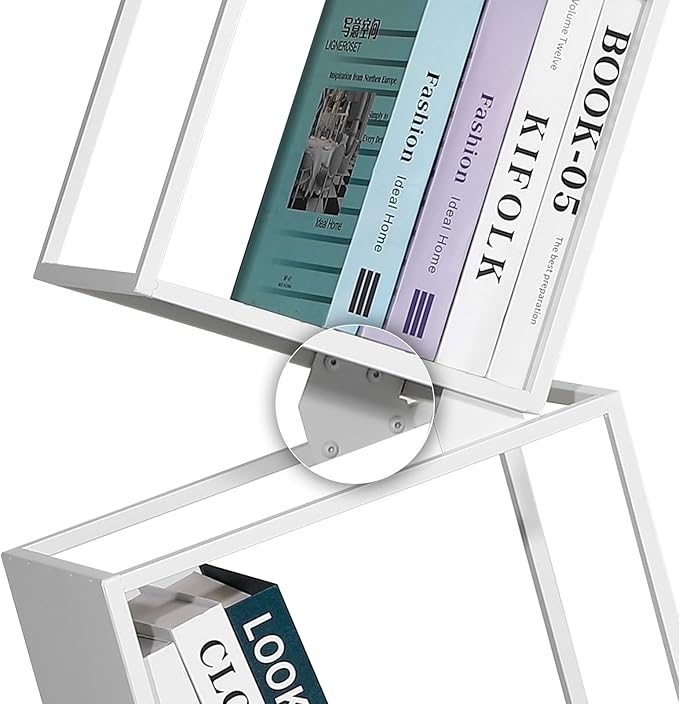 67-Inch 5-Tier Floating Bookshelf – Staggered Geometric Design, Freestanding Metal Storage & Display Rack for Home & Office (White)