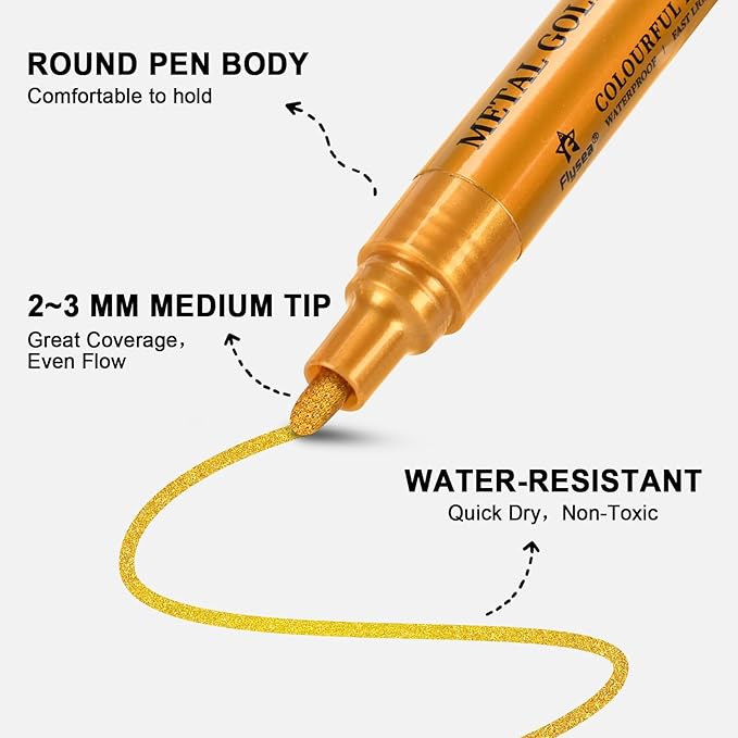 IVSUN Super Golden Metallic Markers, 18 Colors Glitter Acrylic Paint Pens for Black Paper, Fabric, Rock Painting, Glass, Wood, Scrapbooking, Photo Albums, Card Making, DIY Crafts Supplies