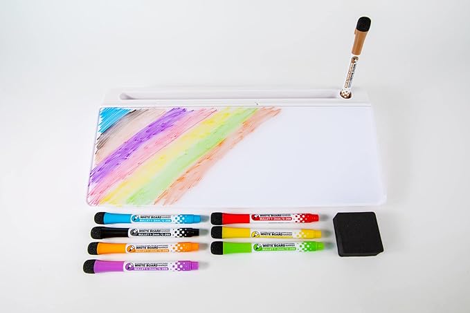 Glassboard Studio Glass Dry Erase Doodle Tray for Desktop Office Supply Storage - Marker and Eraser Included (8 Markers, White)