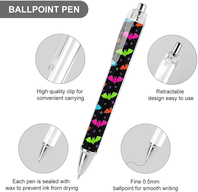 Cute Ballpoint Pens for Women, 0.5mm Refillable Black Ink Writing Pens with Comfortable Grip Halloween Cool Bats Ball Point Pen Writing Supplies 2 Pcs
