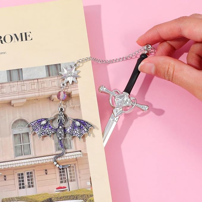 Fantasy Dragon Leather Corner Bookmark, Elegant Metal Dragon Charms Leather Page Saver, Chic Book Accessory for Bookworms, Great Gift for Dragon & Book Lovers (Dragon Sword B)
