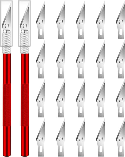 DIYSELF 2 Pack Exacto Knife Set, Precision Knife for Paper, Carving Blades for Crafts, Craft Knife for Wallpaper, Art Knives, Hobby Knife with 20 High Carbon Steel Exacto Knife Blade #11(Red)