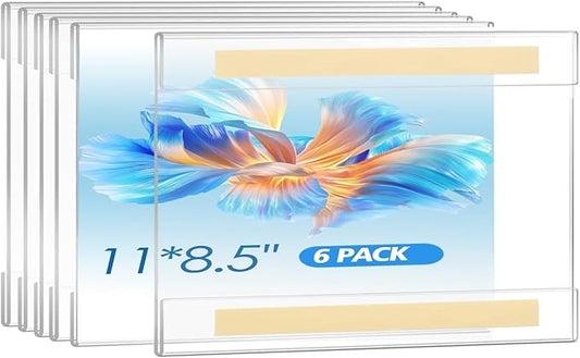 6 Pack 11x8.5 inch Acrylic Sign Holder, Horizontal Clear Plastic Frame for Paper, Wall Mount Sign Holders with Double Side Tape Adhesive for Home, Office, Store, Restaurant