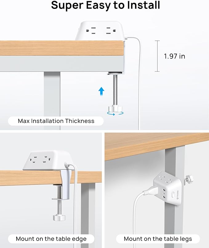 Desk Clamp Power Strip, Surge Protector with 5 AC Outlets and 3 USB Ports, Desk Mount Charging Station, Fit 1.97in Tabletop Edge Thick, 6FT Extension Cord, for Home Office Gaming Accessories