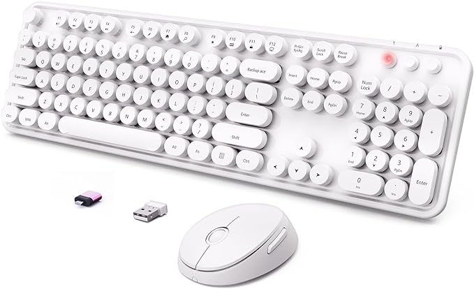 Wireless Keyboard and Mouse Combo, Ergonomic Full Size Typewriter Retro Round Keycaps Keyboard, Compatible with Windows, PC, Perfer for Home and Office Keyboards（White）