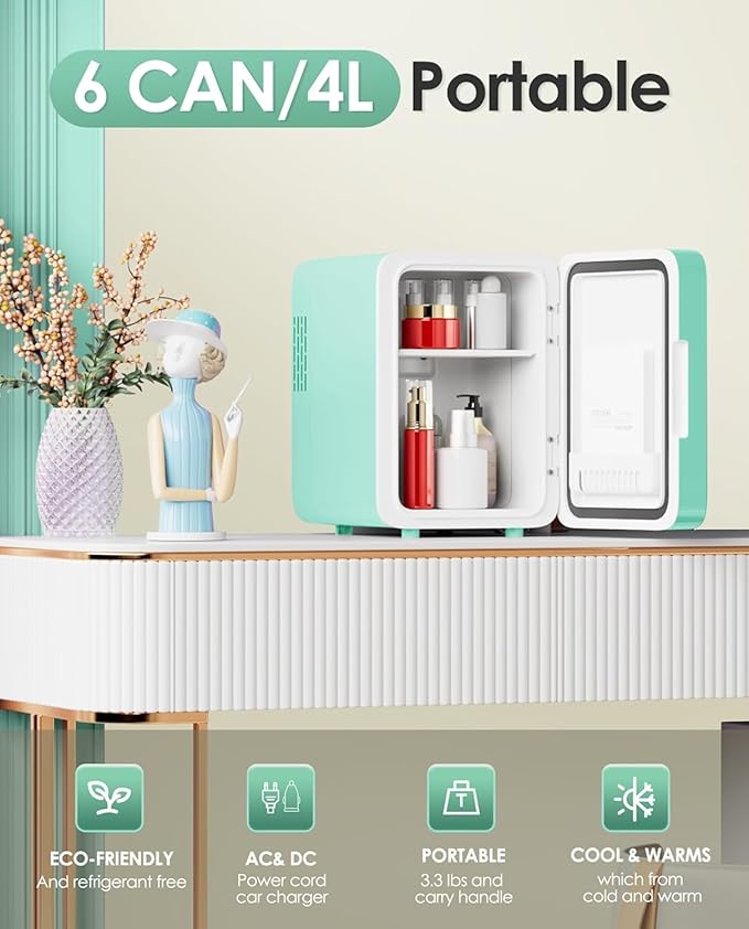 Skincare Fridge With Dimmable LED Light Mirror, 4L Mini Fridge For Desktop, Travel or Cool & Heat, Makeup Fridge for Cosmetics, Skin Care and Food, Green