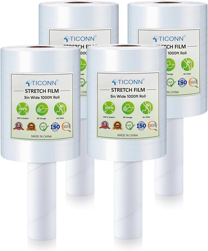 TICONN 4Pk Stretch Wrap Stretch Film Roll, 1000ft Industrial Strength 5 inch Wide Clear Plastic Wrap with Handles for Pallet Wrapping Shipping Moving