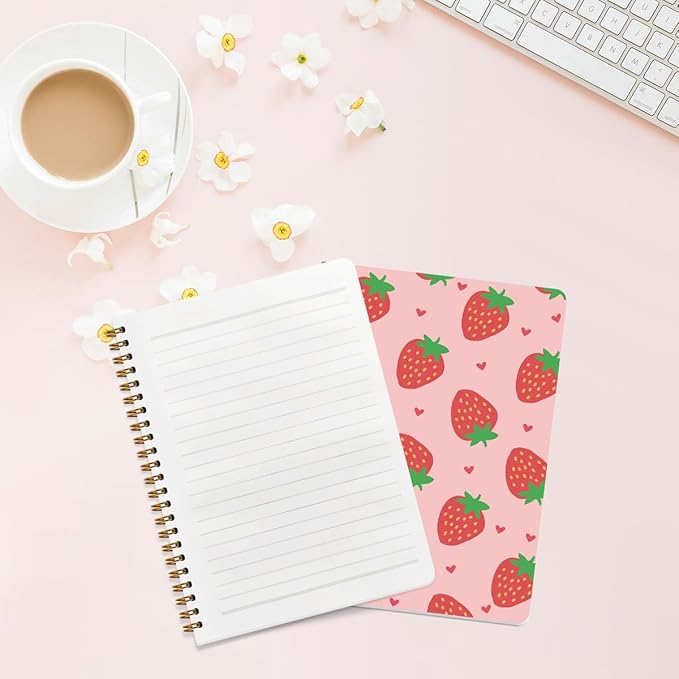 CFGBFDGH 2Pcs Strawberry Spiral Notebooks for Work, A5 Hardcover Notebook Journal, Pink College Ruled Notebook Travel Journal for Writing Office Note Taking 8.3x5.8inch, Strawberry Gifts for Women