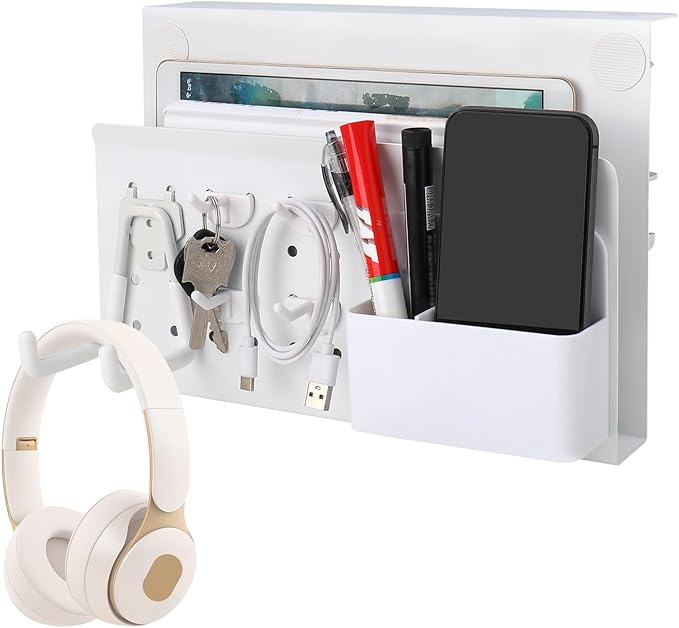 Desk Side Storage with Pen Holder & Hanging Hooks, No Drill Hanging Desk Organizer Under Desk Storage Mount, Clamp-On Laptop Holder Table Side Tray for Office and Home (White)