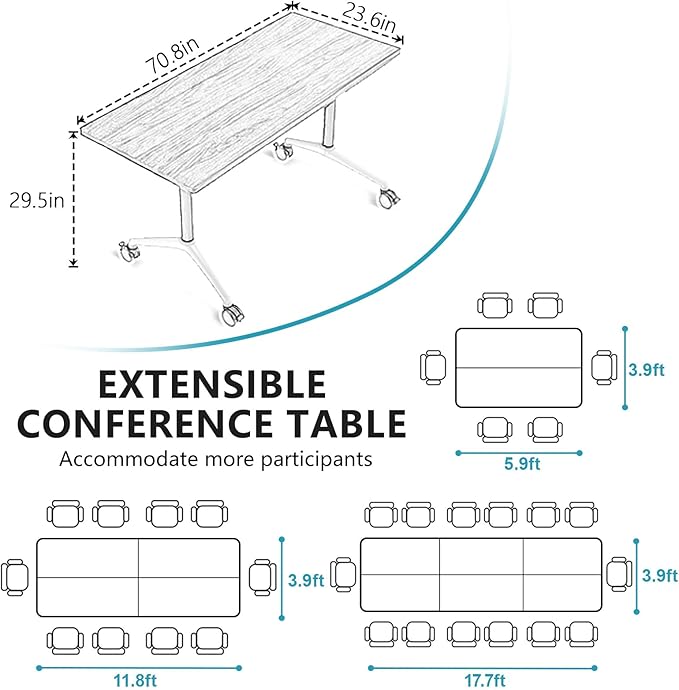 Conference Room Table, Folding Conference Tables,Thicken Grey Tabletop,Flip Top Wooden Seminar Meeting Room Table for Conference Room Offices (8, BlackWoodGrain, 70.8”)
