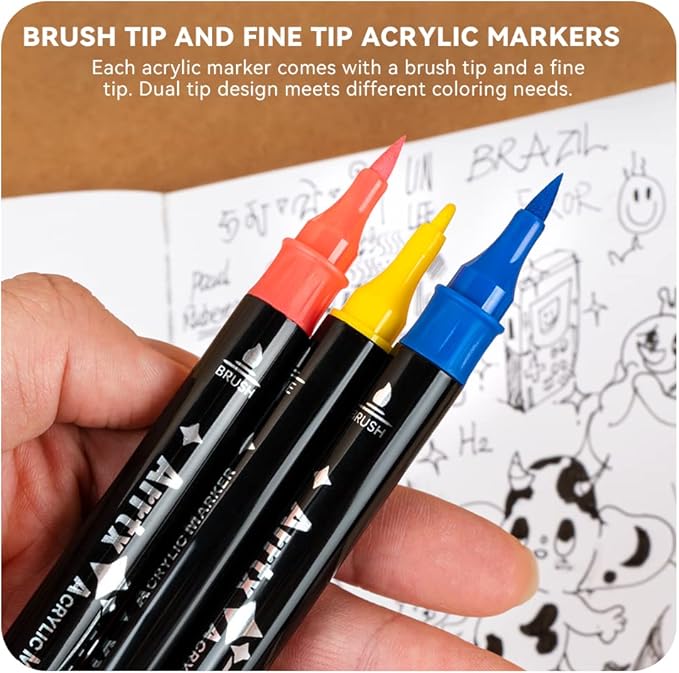 Arrtx Acrylic Paint Pens, 32 Colors Brush Tip and Fine Tip (Dual Tip) Paint Markers for Rock Painting, Water Based Acrylic Painting Supplies for Fabric Painting,Wood, Plastic, Canvas, Easter Egg